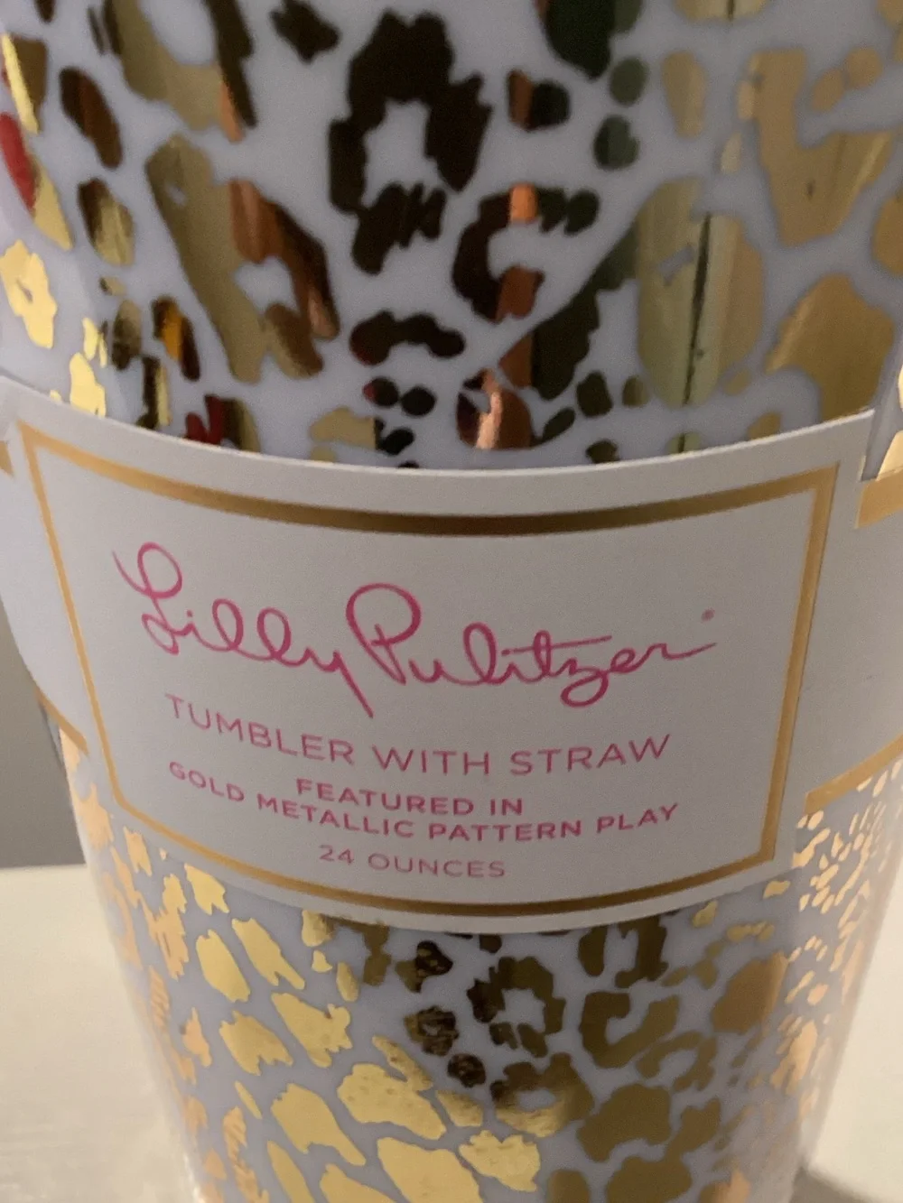 Lilly Pulitzer Metallic Gold Leopard Insulated Tumbler with Straw - Gold & White